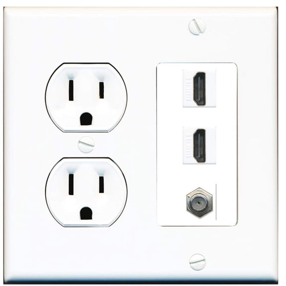 15 Amp Round Power Outlet 2 Port HDMI 1 Coax Cable-TV F-Type Wall Plate White