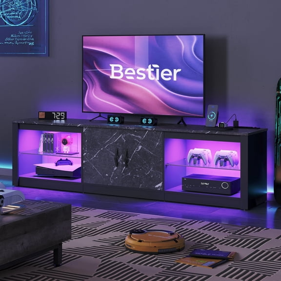 Bestier TV Stand for TVs up to 75" with LED Lights & Power Outlet, Entertainment Center with Storage Cabinet, Black Marble