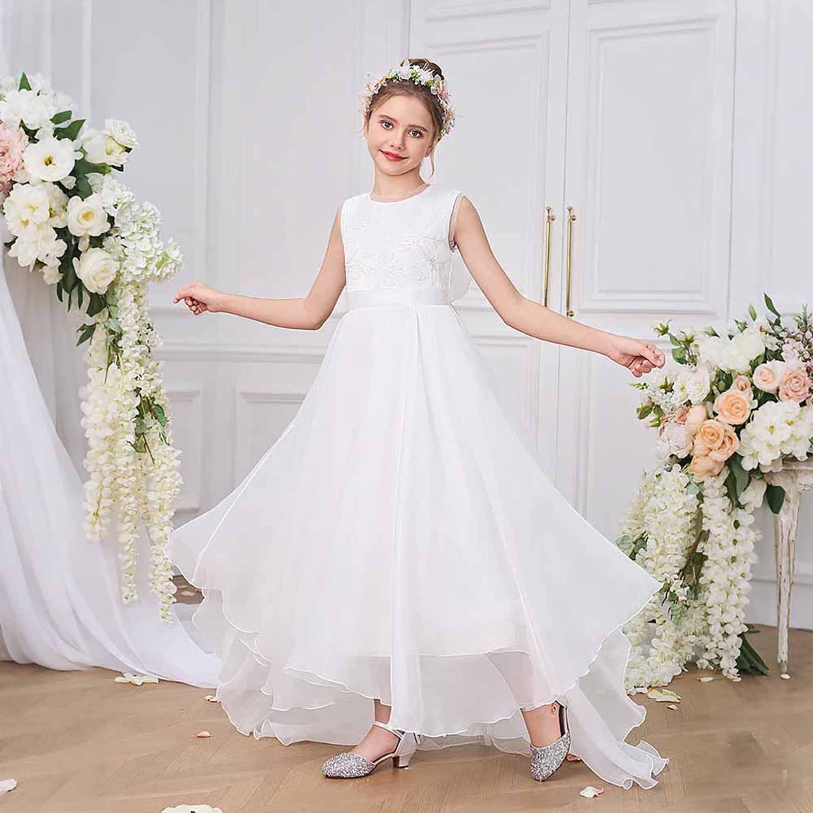 Wdgfv Elegant Girls Dresses Back V Neck Bow Dress For Kids 7-12 Years Old Casual Party Wear Comfortable Breathable Fabric Spring Summer Fall White 10-11 Years
