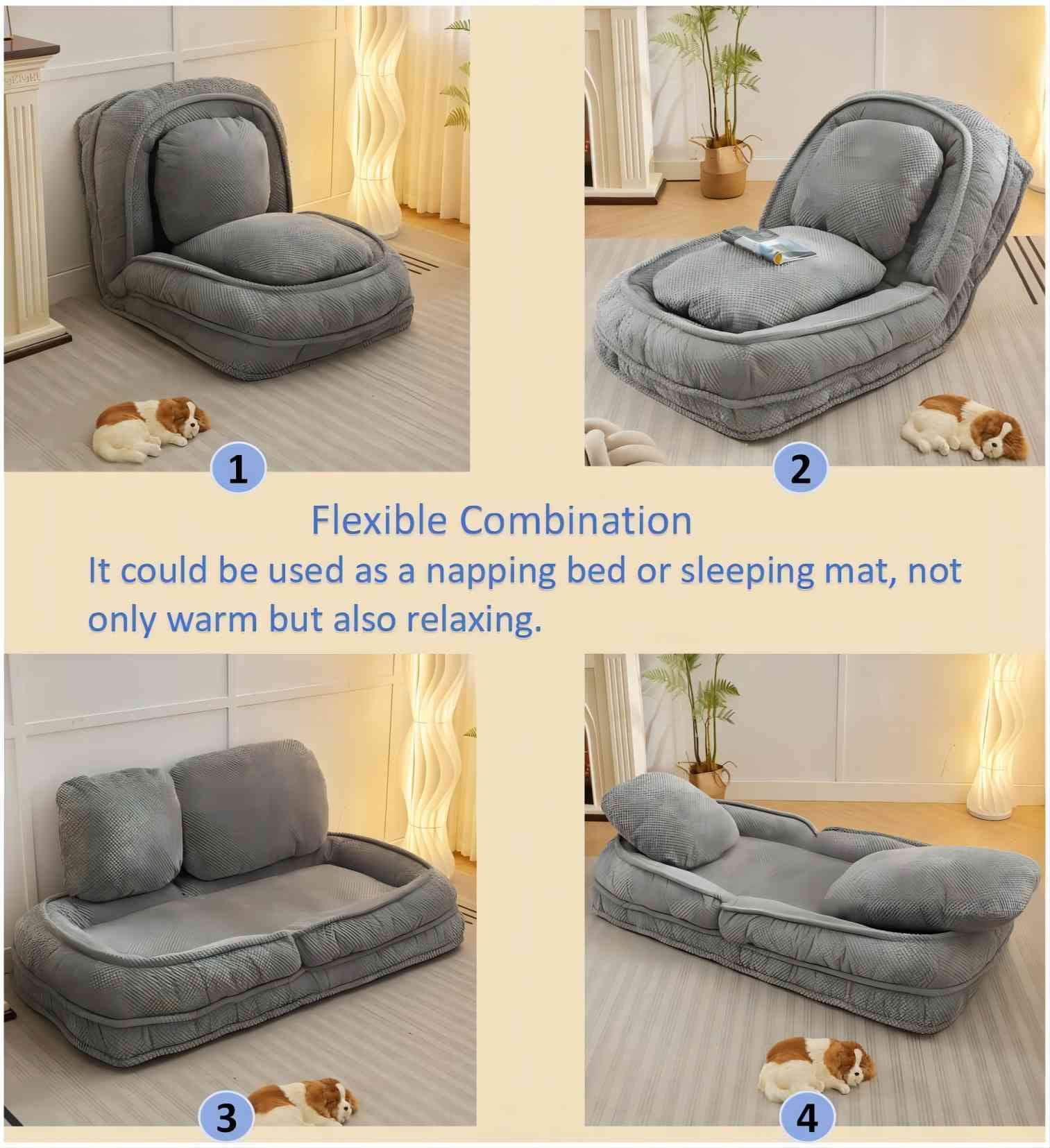 BaPiPro Multi-Function Pet Bed & Lazy Sofa Couch, 5 Adjustable Positions for Sitting & Sleeping, Foldable Space-Saving Design for Bedroom & Living Room, Gray