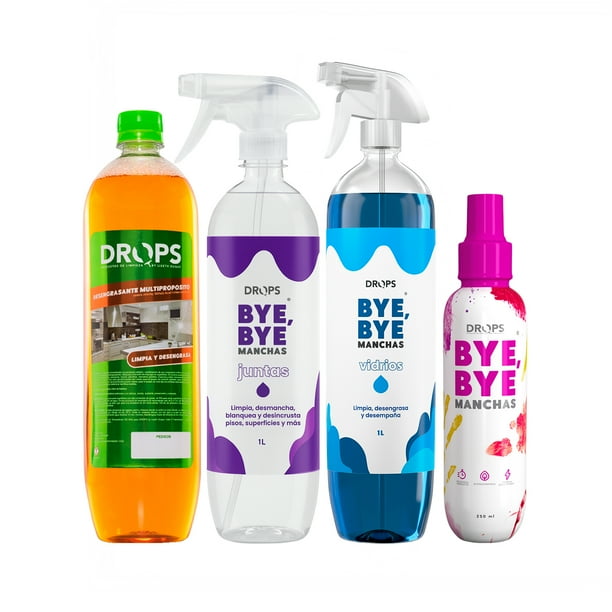 Drops Super Kit de Limpieza (Quitamanchas Bye Bye + Desmanchador de Juntas + Desengrasante Multipropósito + Limpiavidrios)