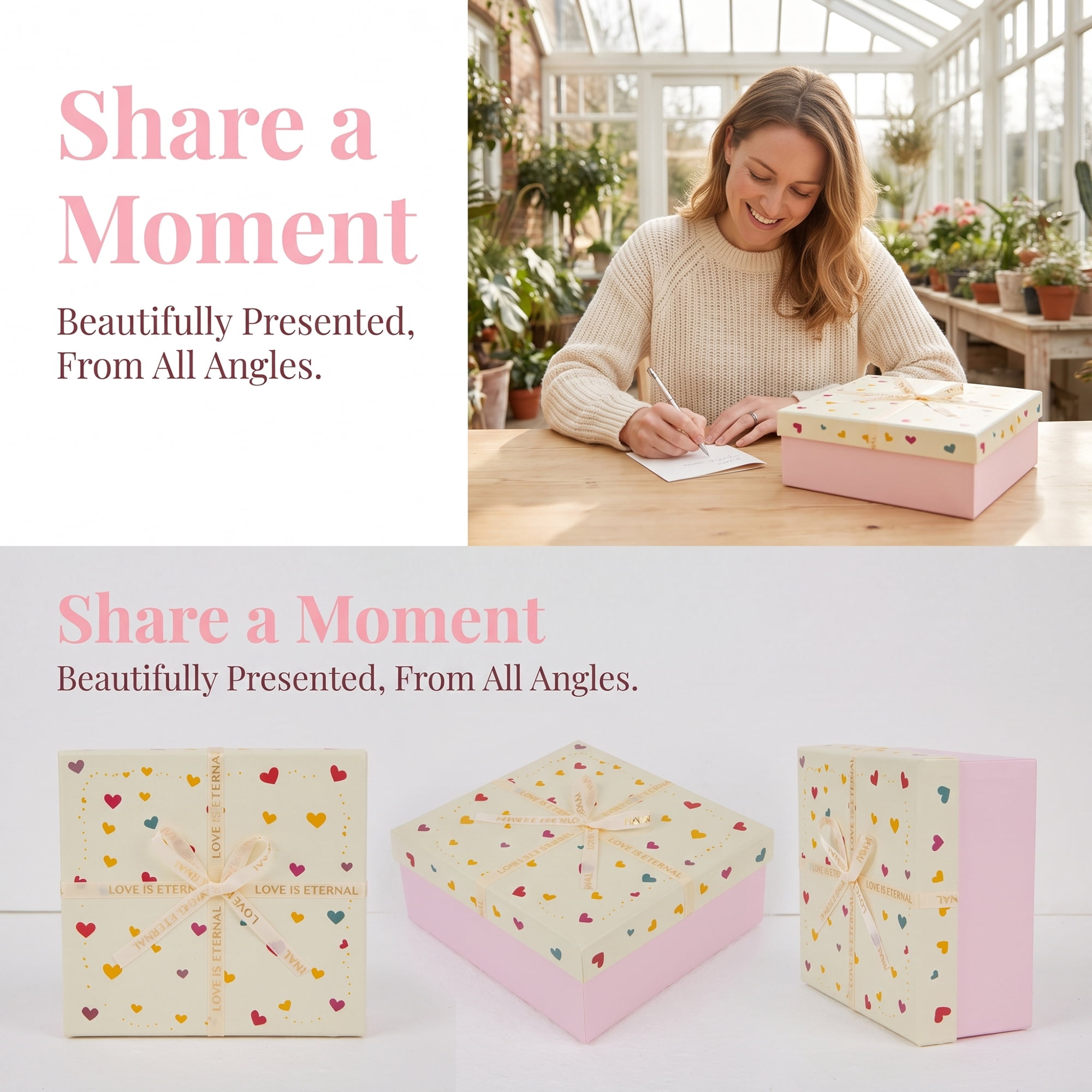 Unique Bargains Colorful Heart Shaped Ribbon Versatile Gift Box Pink 7.9" x 7.1" x 3.1"