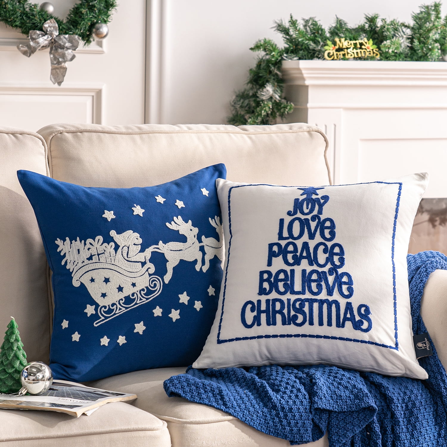 Christmas Embroidered Decorative Series Throw Pillow Covers, Navy, 18" x 18", Set of 4