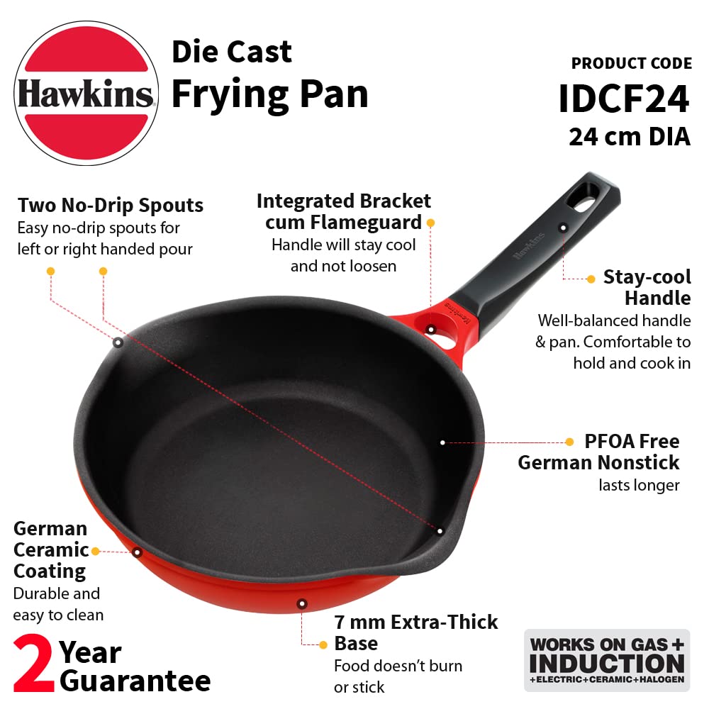 Red Aluminium Frying Pan 24 Cm | Die Cast Non Stick Fry Pan, Ceramic Coated Pan, Induction Frying Pan (IDCF24)