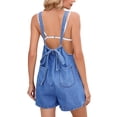 thumbnail image 4 of Miluxas Women's Denim Short Overalls Spaghetti Strap Backless Tie Back Romper with Pockets Summer Casual Beach Vacation Overalls Shorts Dark Blue, 4 of 9