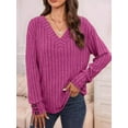 thumbnail image 2 of Womens Soft Long Sleeve V Neck Shirts Solid Casual Decorative Buttons Knitted Pullover Tunic Tops Rose Red S, 2 of 7