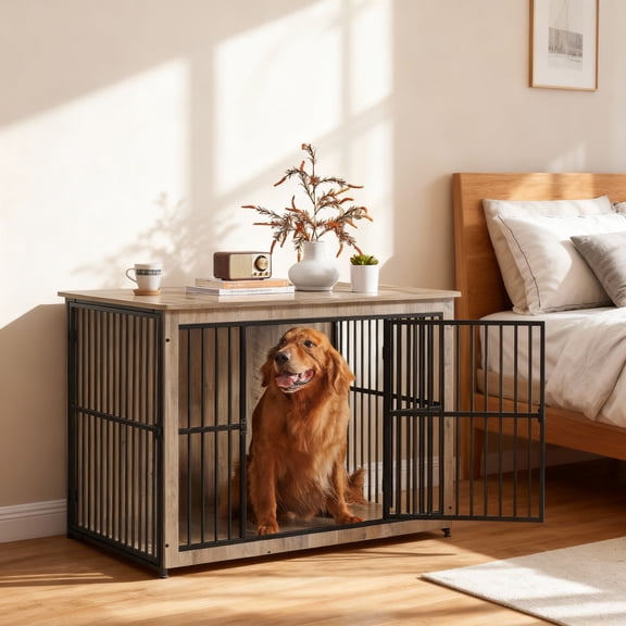 LEDREM 43.3-Inch Double-Door Dog Crate Furniture with Enclosed Base, Heavy-Duty Kennel for Dogs up to 80 lb, Greige