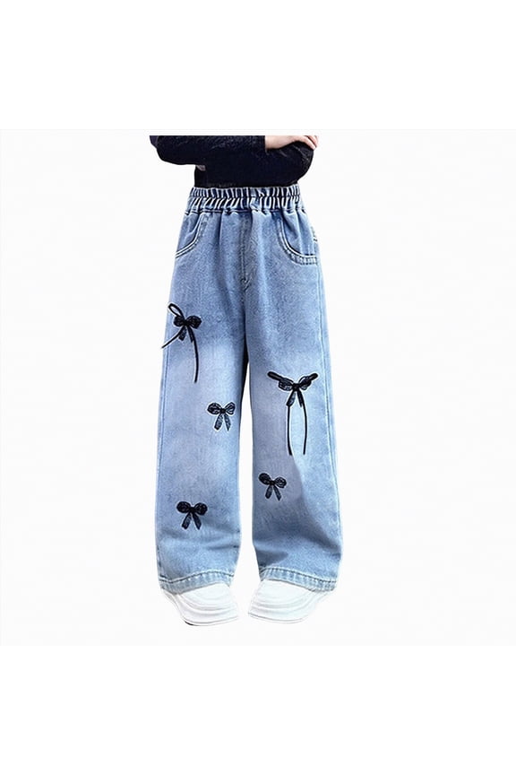 Girl's High Waisted Straight Leg Button Jeans Casual Pocket Denim Pants Blue,3-4 Y