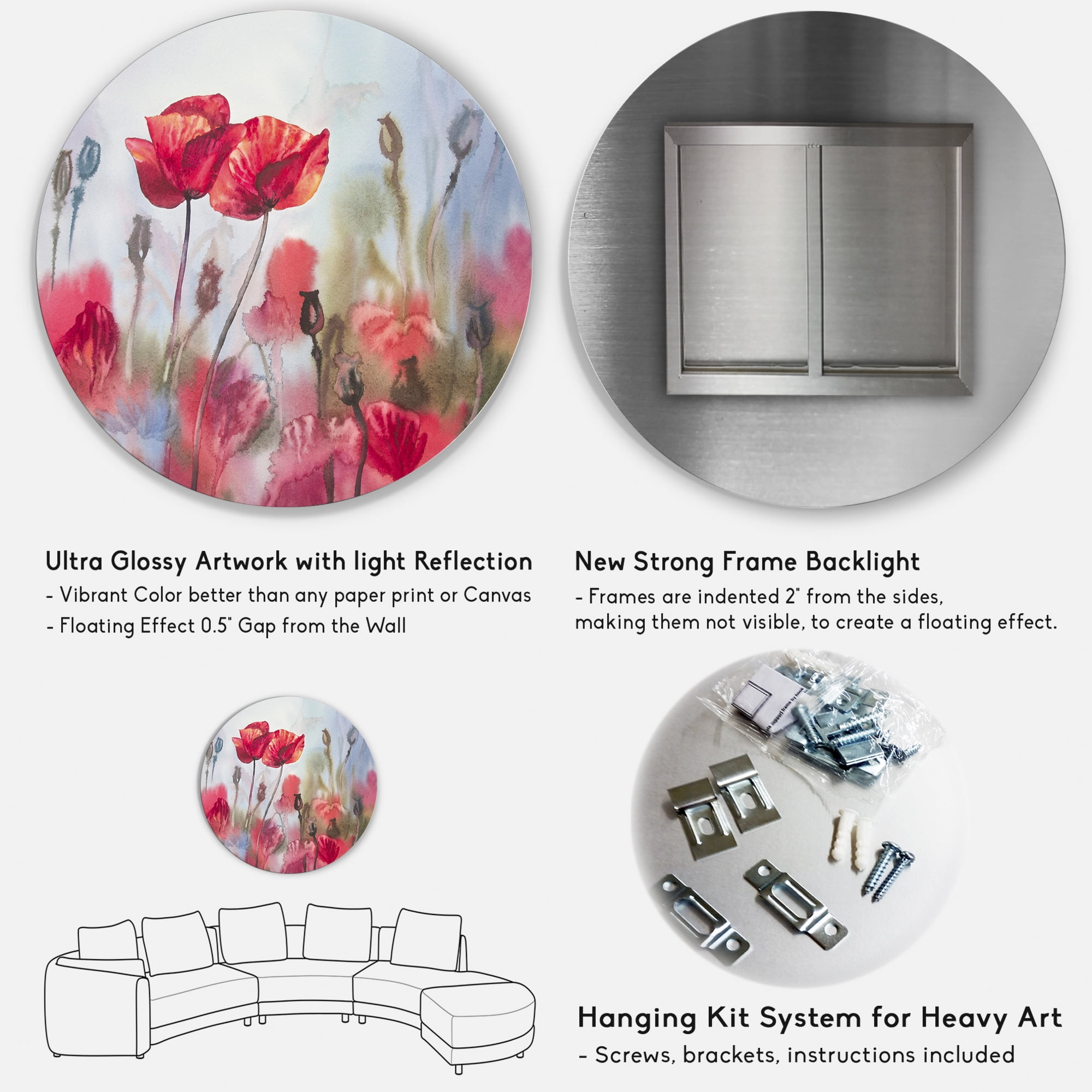 Designart 'Blossoming Red Poppies In The Meadow' Traditional Circle Metal Wall Art 23x23 - Disc of 23