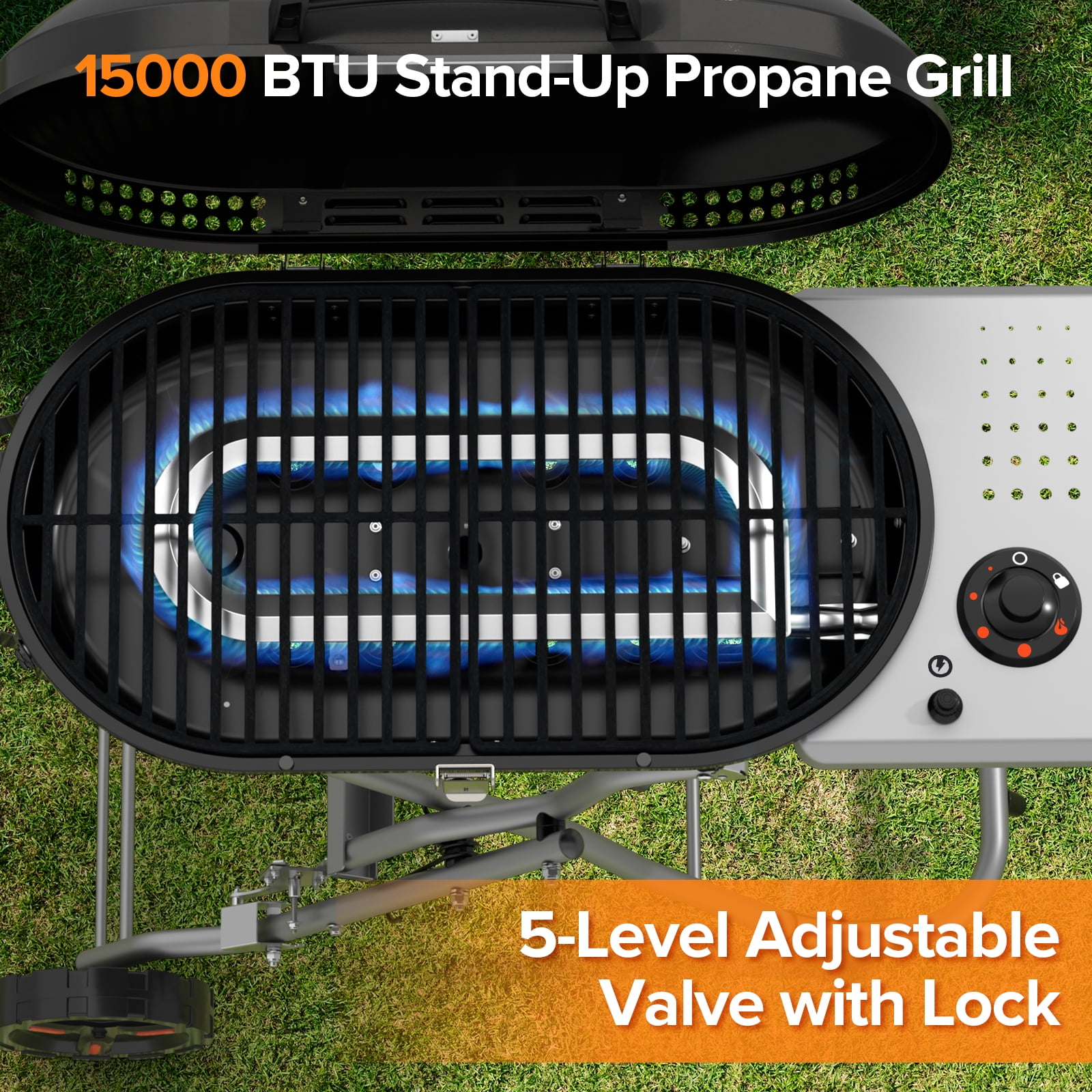 LHRIVER Portable 348 sq.in Stand-Up Propane Grill, 15000 BTU Folding Gas Grill Cart with Side Table & 2 Wheels for Camping, Patio