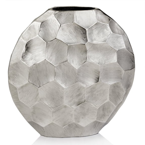 Modern Day Accents Silver Facetado Vase, Flowers, Plants, Abstract, Modern, Aluminum, Rough, Texture, Round, Centerpiece, Tabletop, 12" x 2" x 12"