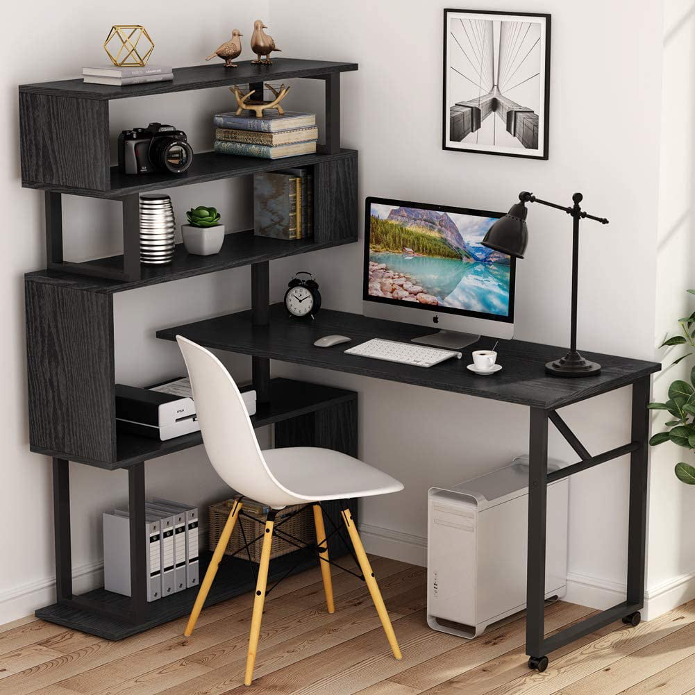 L-shaped Corner Table Rotating Computer Table With 5-story 63" Tall Bookshelf 