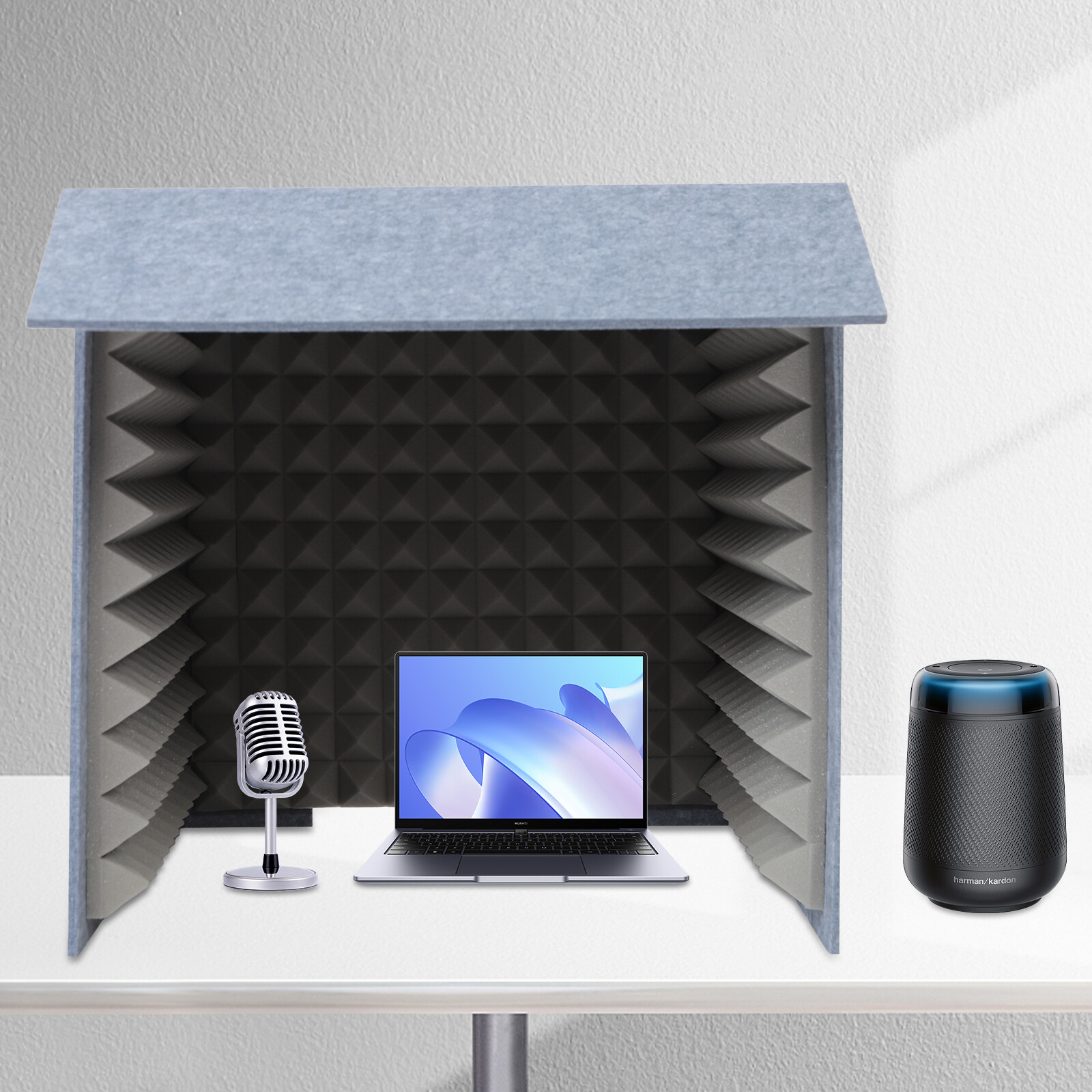 Audio Base, Vocal Recording Booth, Speaker Stands, 60x60cm Foldable Desktop Soundproof Booth, Dual Gray Absorption Panels, High Density Acoustic Foam, Environmentally Safe, Odorless