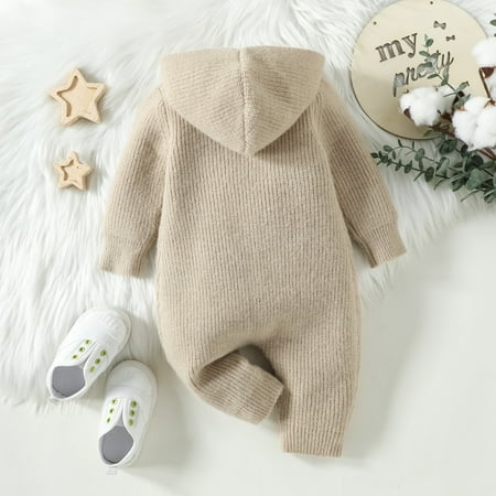 

KaLI_store Boys Girls Solid Warm Knitted Sweater Baby Hooded Jumpsuit Romper 1 Piece Outwear Kids Jackets