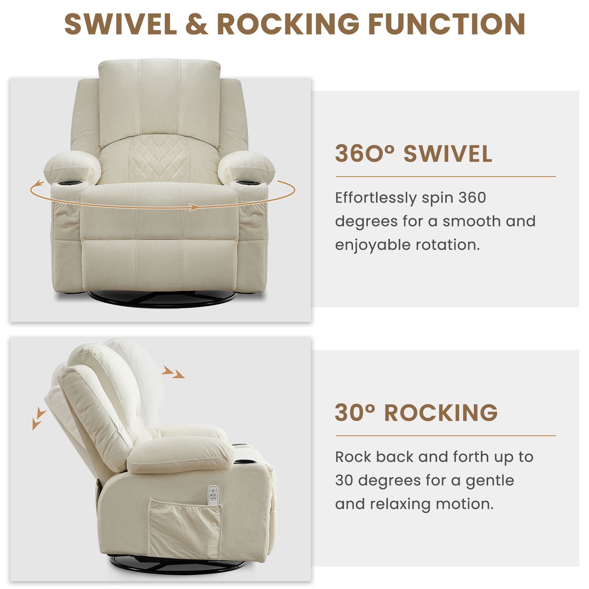 JONPONY Kneading Massage Rocker Recliner Chair with 4-Point 3D Kneading Massage and Heat Ergonomic Lounge Chair for Living Room with Rocking Function and 2 Cup Holders, USB Charge Port,Beige