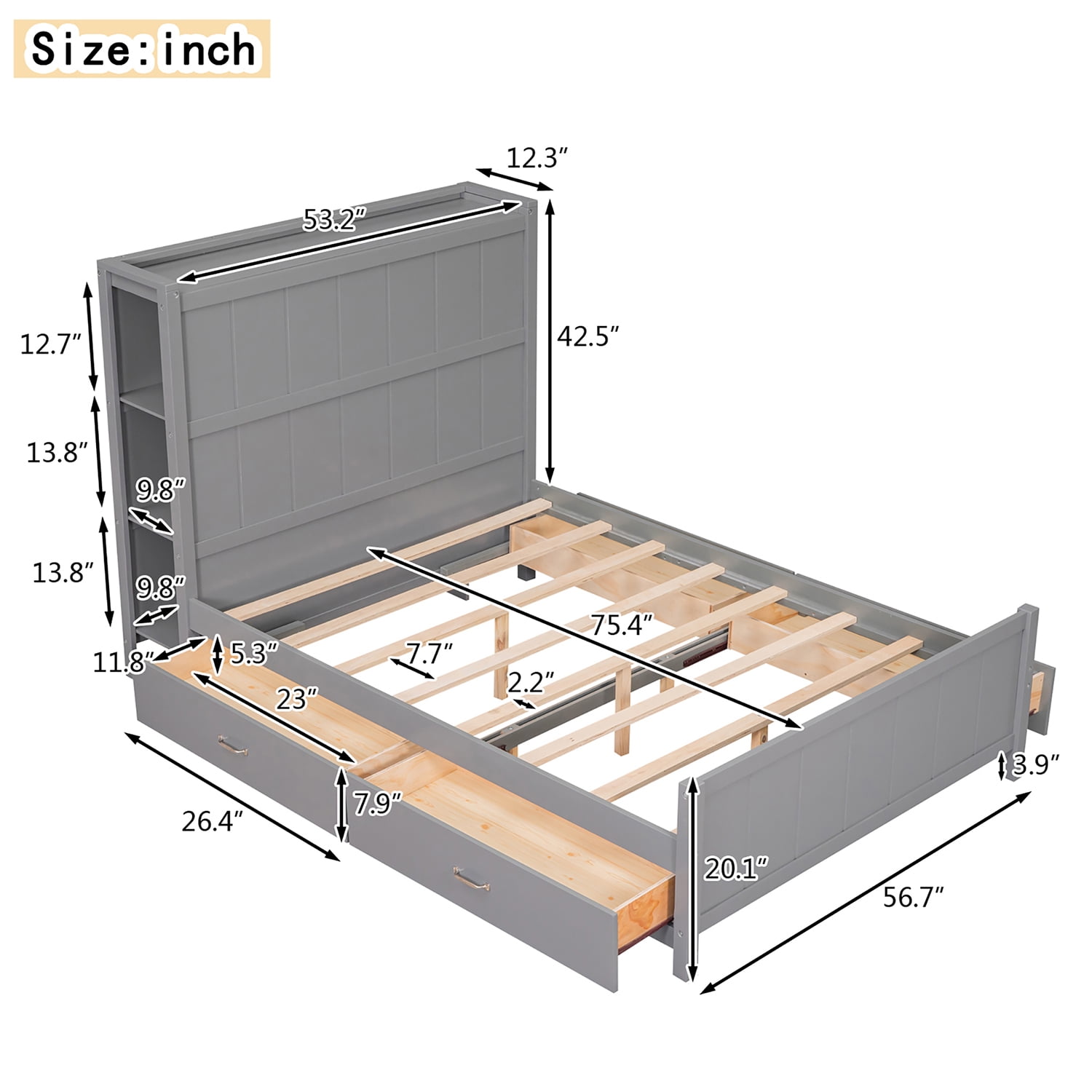 Kepooman Full Size Platform Bed Wood Bed Frame with Drawers and Storage Shelves, Grey Kepooman Full Size Platform Bed Wood Bed Frame with Drawers and Storage Shelves, Grey