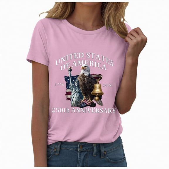 mgoYE USA 250th Anniversary Shirt Women United States 250 Years Since 1776 2026 O Neck USA Flag Shirt for Women Pink XL