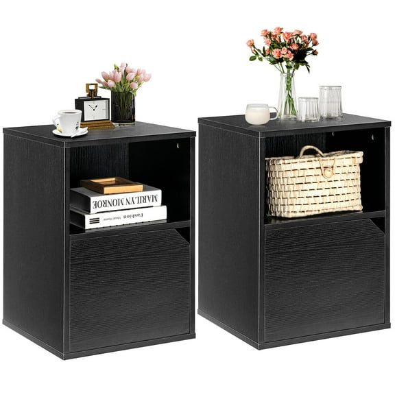 Giantex Easy Assembly Wood Bedside Nightstand with Storage, 16” x 16” x 23”, Black, Set of 2