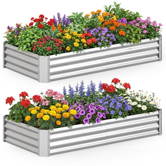 Gymax 2 Pcs Galvanized Raised Garden Bed Rectangular Galvanized Metal Planter Box