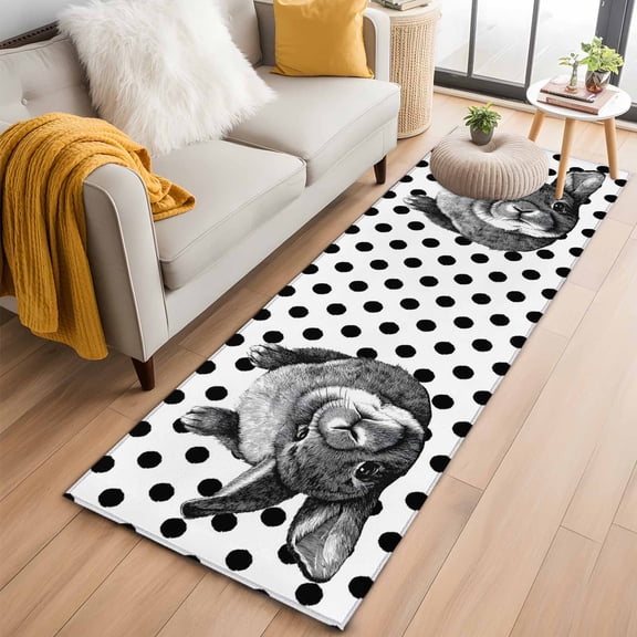 Black Easter 2'x6' Runner Rugs for Hallway Kitchen Bedside Non Slip Washable, Spring Country Cute Bunny Polka Dot Entryway Rug Runners with Rubber Backing, Long Carpet Runner for Laundry Room