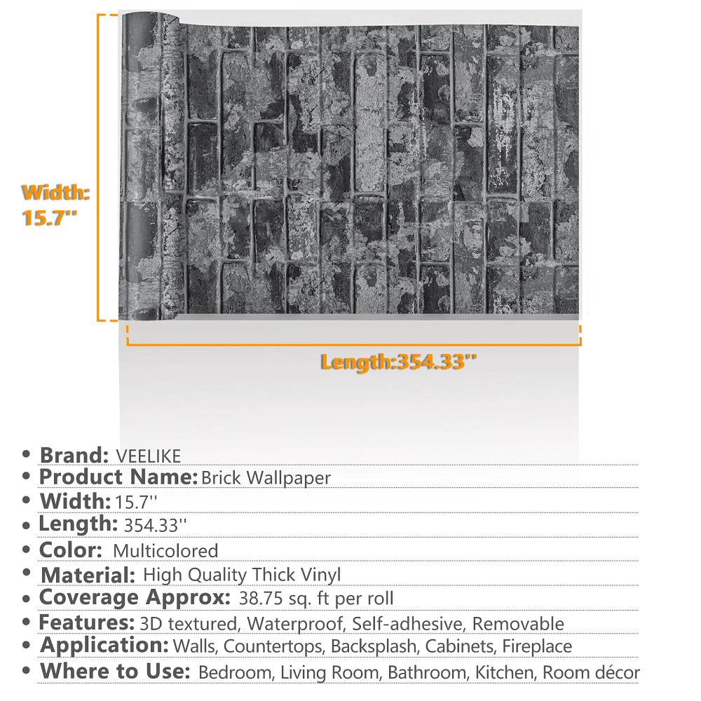 VEELIKE 15.7''x354.3'' Grey Brick Wallpaper Peel and Stick 3D Textured Faux Brick Wall Paper Self Adhesive Removable Waterproof Rustic Brick Contact Paper for Walls Bedroom Backsplash Cabinet Backdrop