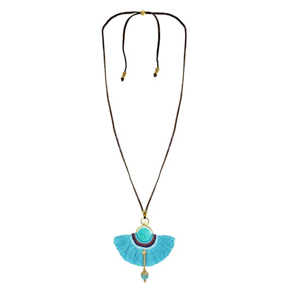 Stylish Turquoise with Blue Fan Tassel Long Statement Necklace