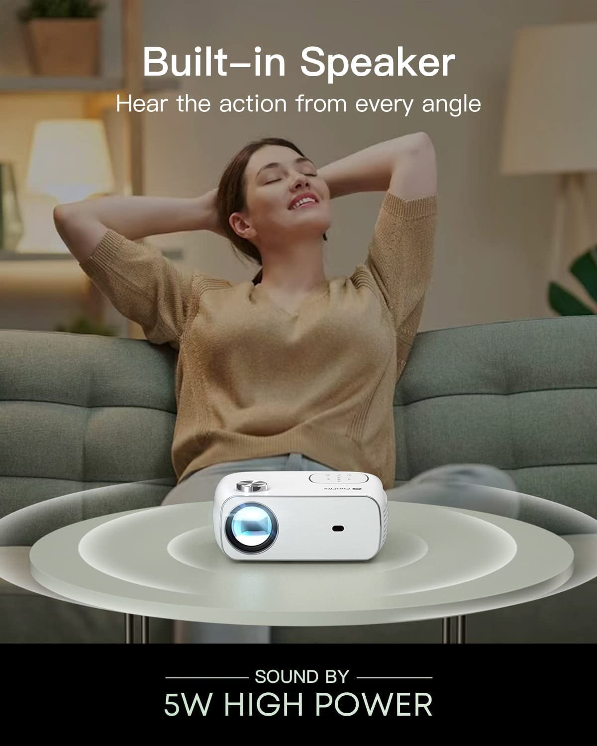 FunFlix 1080P Portable Projector 9500L HD Mini Projector with 5G WiFi and Bluetooth 360° Speaker 200" Display