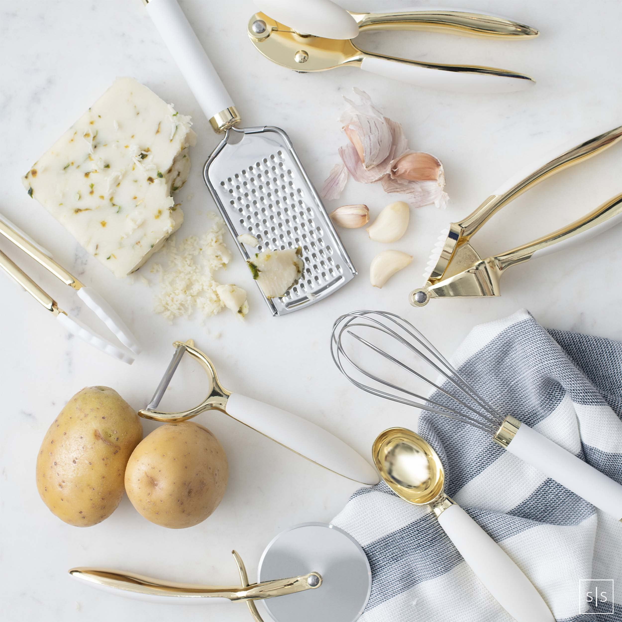 White and Brassy Gold Kitchen Utensils Set with Holder