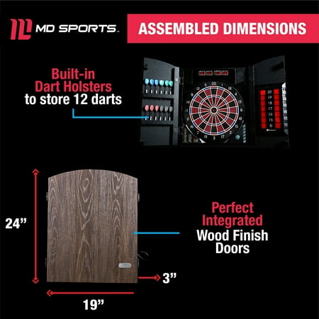 MD Sports - New Haven Smart Dartboard Cabinet With Digital X/O Cricket Scorekeeping and Soft Tip Dart Set - Brown/Black