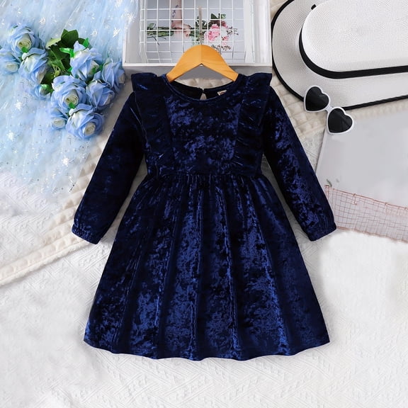 BLTIBY Toddler Baby Girls Velvet Tutu Dress Long Sleeve Round Neck Princess Christmas Birthday Party Wedding Dresses Fall Winter Clothes Dark Blue 3-4 Years