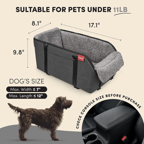 Center Console Small Dog Car Seat - Portable Pet Cat Puppy Booster Armrest Carseat Up to 11lbs, Anti-Collapse Comfort Car Travel with Washable Fluffy Cushion and Pillow, Grey