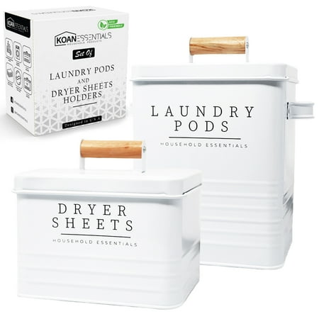 KOANEssentials Farmhouse Metal Laundry Pods Container with Dryer Sheet Holder for Laundry Room Organization and Storage, Farmhouse Decor, Holds Over 150 Laundry Pods and 300 Dryer Sheets (2 Pack)
