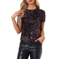 thumbnail image 1 of INSPIRAR CHIC Blusa de terciopelo con lentejuelas para mujeres, cuello redondo, manga corta, ropa de fiesta y club, XS, negro y rosa, 1 of 6