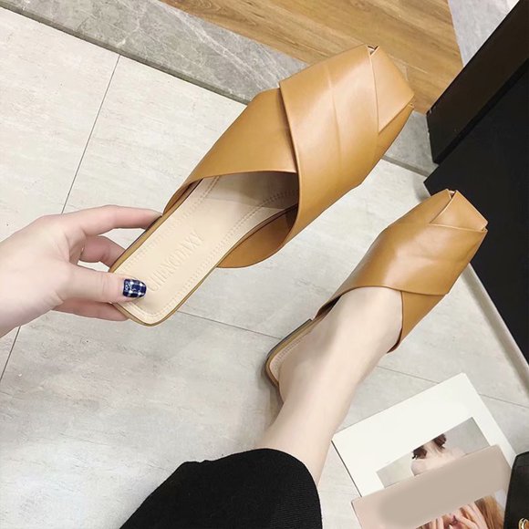 Weiqiqre Women's Heeled Sandals , Half Drag Women's Baotou Women's Shoes Casual Flat Low Heel Slippers Discount