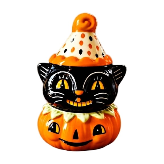 Yashow Elite Halloween Black Cat Decor 3.94inch, Pumpkin Resin Figurine Cute Portable Ornament, Festive Tabletop Centerpiece for Party Living Room Home Shelf Display