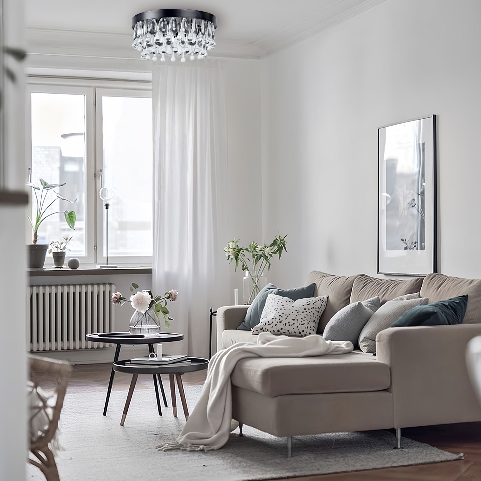 Mordern Matte Black Semi Flush Mount, 15 Inch Crystal Droplets Flush Mount Light, Unique Elegant Metal Close to Ceiling Light for Lving Room, Dining Room, Bedroom