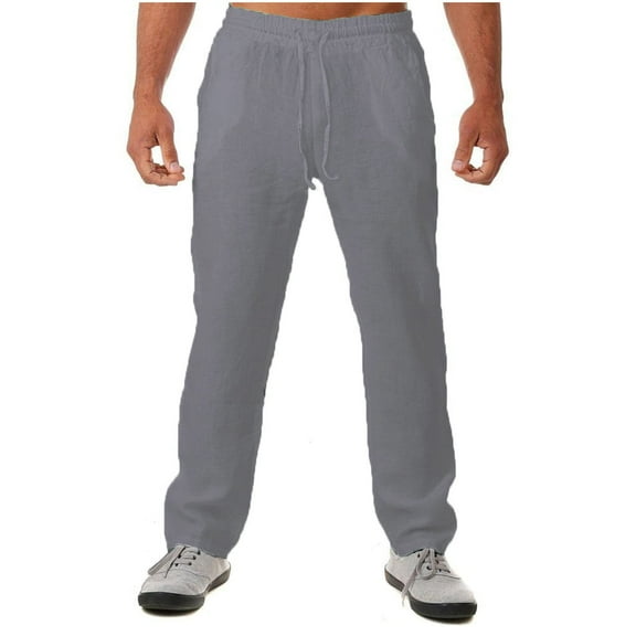 WREESH Men's Linen Pants Casual Loose Solid Half Waist Fashion Pockets Long Pants Gray