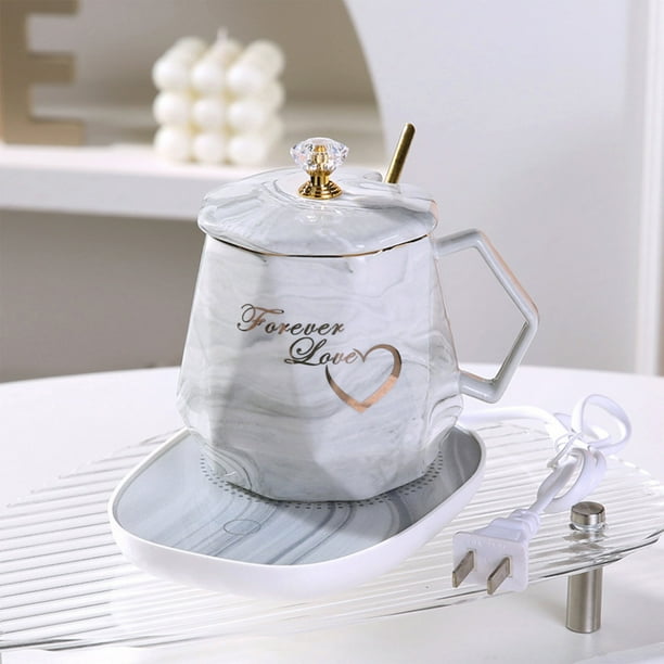 Juego de Calentador de Tazas de Café | Calentador Eléctrico Inteligente de Cerámica con Control de Temperatura, Taza Esmerilada de 450 Ml y Cuchara | Calentador de Escritorio de Calentamiento Rápido