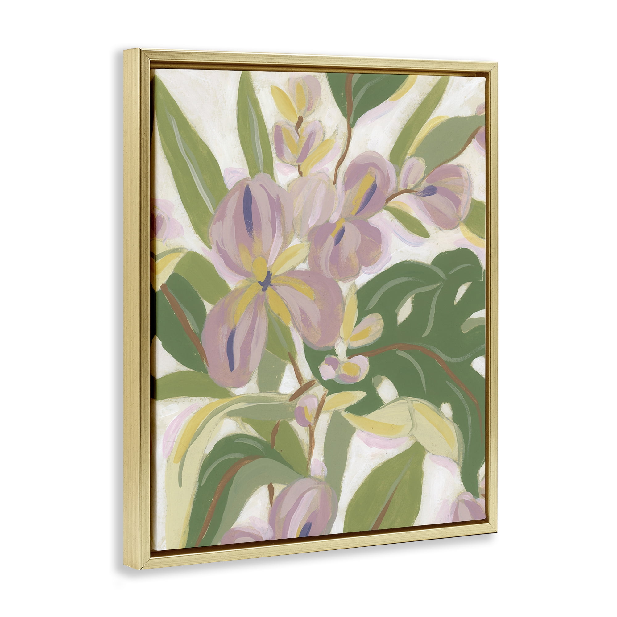 Stupell Industries Pale Trillium & Leaves Plants & Flowers Painting Gold Floater Framed Canvas Art Print Wall Art, 17 x 21