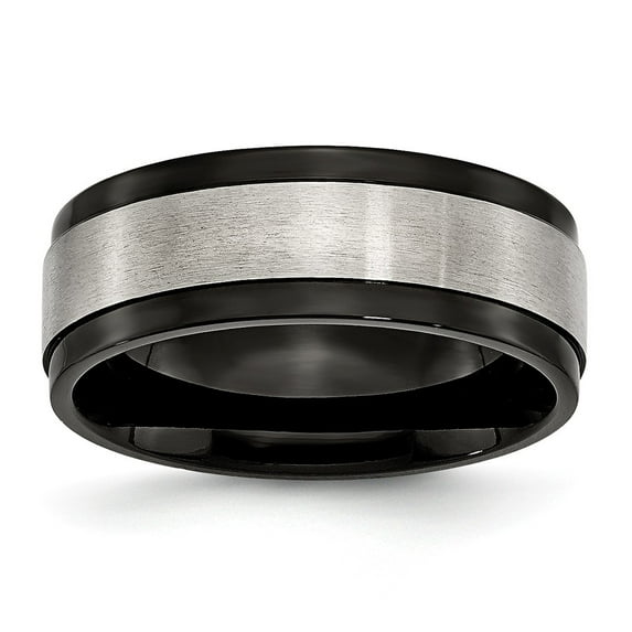 Grey Titanium Ring Band Wedding Beveled Comfort Edge 8mm Black IP-plated Satin and Polished