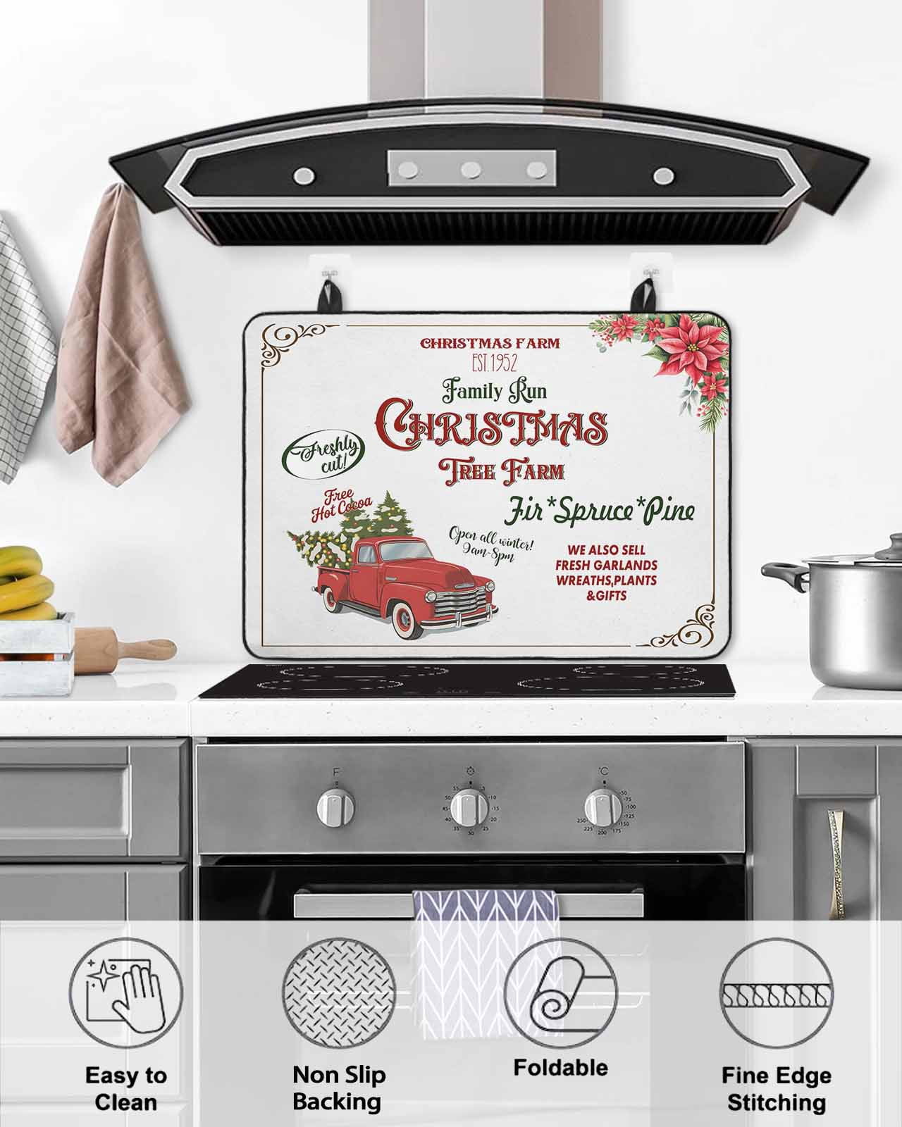 Large Induction Cooktop Protector Mat Christmas Stove Top Covers for Electric Stove, Red Trucks Trees Poinsettia Letters Decorative Stove Burner Cover Mats, Glass Top Stove Cover