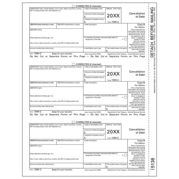 Irs Approved 1099 C Laser Copy B Tax Form Walmart Com Walmart Com