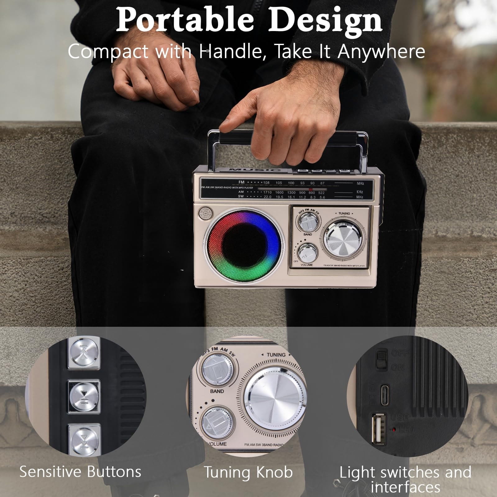 AM FM SW Radio Portable with Bluetooth Speaker, Illumination, USB TF Card Playing, Solar/USB-C Rechargeable Radios, Colorful Light, Transistor Radios Portable Emergency, Bluetooth Radio