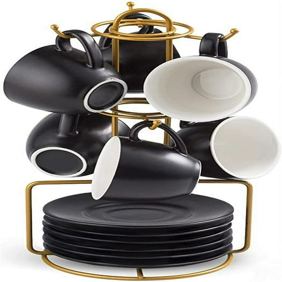 3 Ounces Espresso Cups with Saucers Set Porcelain Coffee Cups and Metal Stand Demitasse Cups for Espresso Latte Cafe