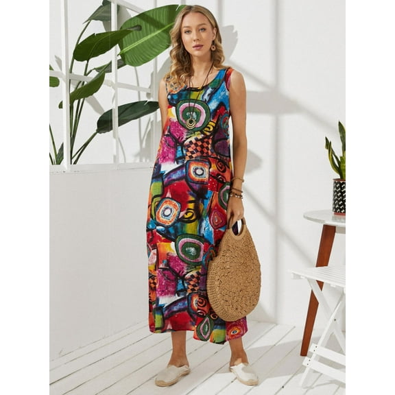 ZANZEA Women Sleeveless Casual Printed Maxi Dresses