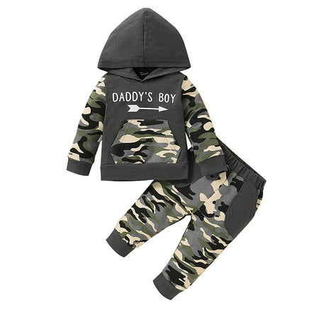 

uukiA 3-24 Months And 2-3 Years Toddler Baby Boy Hooded Long Sleeve Camouflage Print Top And Pants 2PCs Outfits Suit