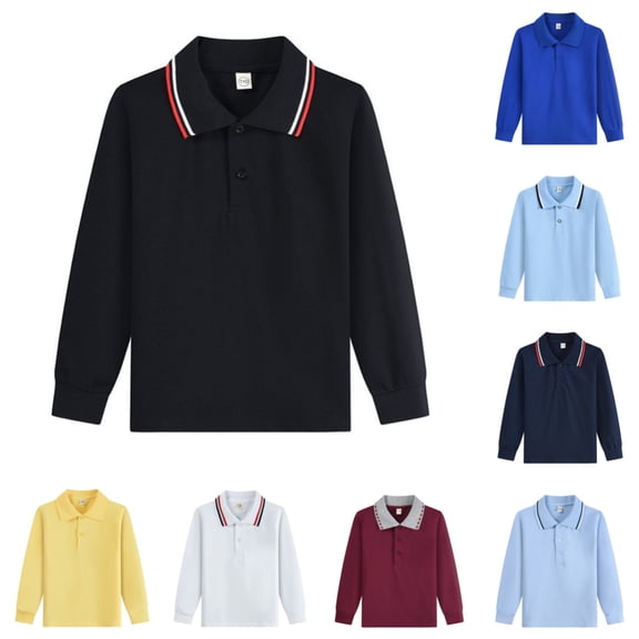 Kid Polo Shirts School Uniform Relaxed Fit Back To School Long Sleeve Collared T-Shirts Solid Color Pullover for Boys & Girls Black 8-9 Years