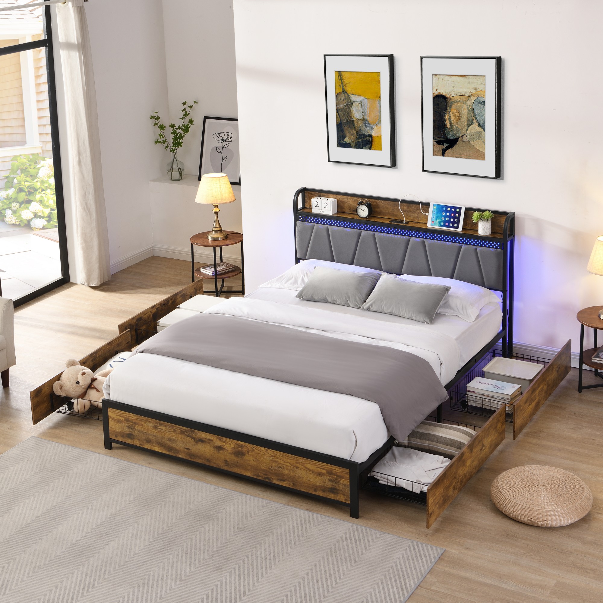 Gewnee King Size Bed Frame, Storage Upholstered Headboard with Charging Station and 4 Storage Drawers,LED Lights , Brown and and Gray
