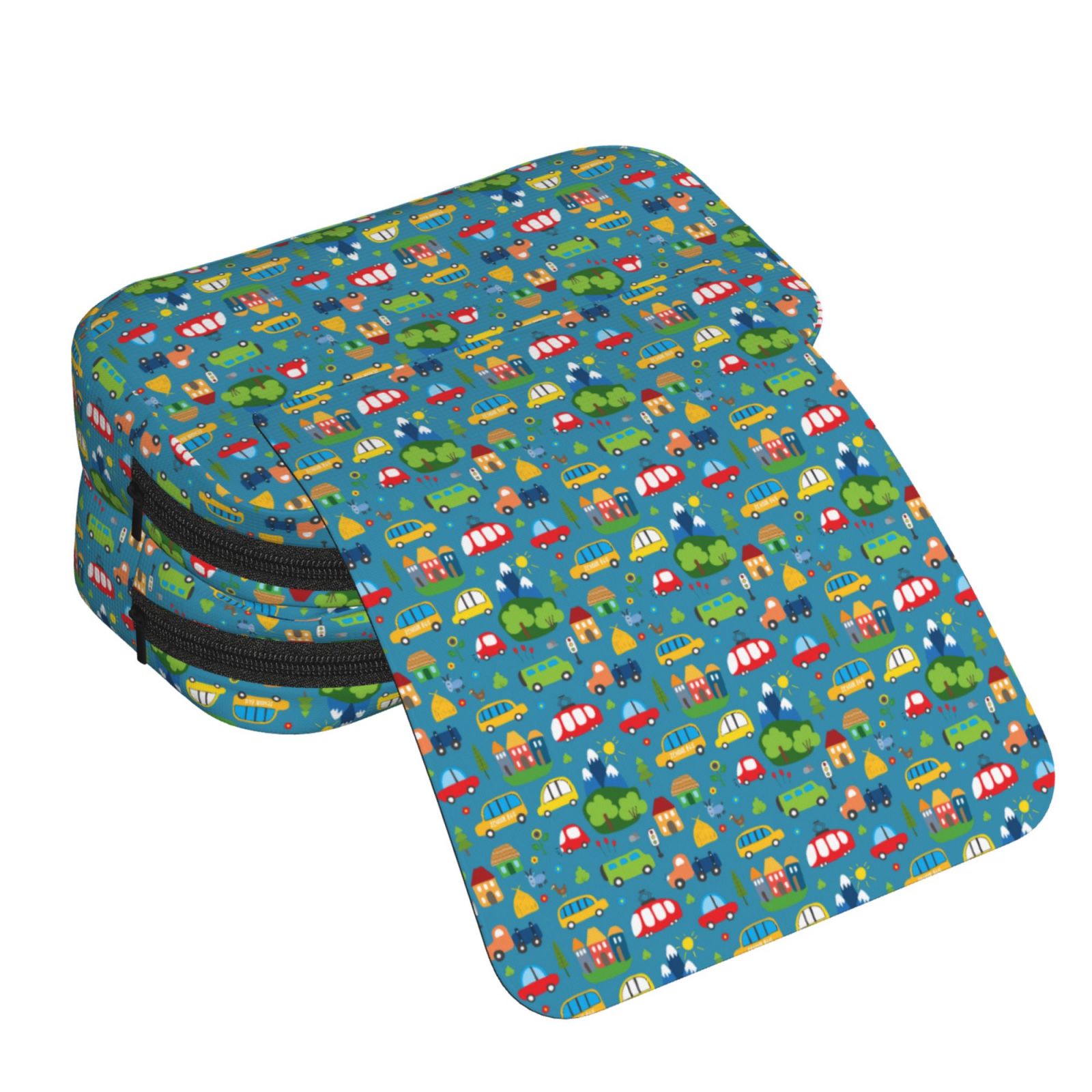 Rateoe Cars Transportation Pattern Double Clamshell Pen Case, Storage Organizer with Two Zipper Compartments– Holds Up to 50 Pencils & Pens