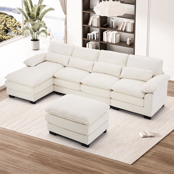 Wiilayok Modular Sectional Sofa Set Cloud Couch,113" Chenille U Shaped Sofa with Ottoman& Chaise Deep Seat Sectional Couches for Living Room, Cream White